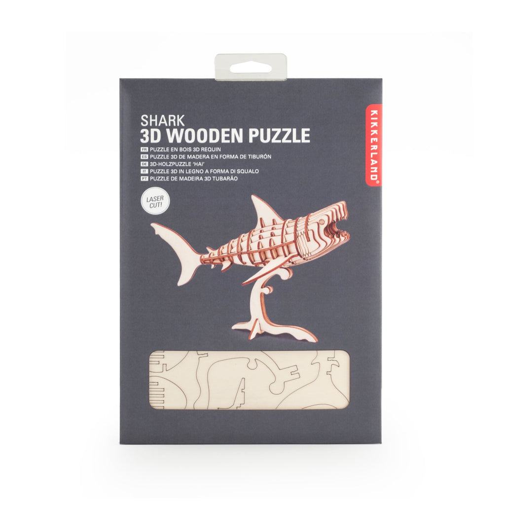 3D Puzzle in the shape of a shark. Flat packed wooden punch-out pieces. Ages 3+, but grown-up help might be needed for children younger than 10. Perfect scale to take on a trip or give as a gift!