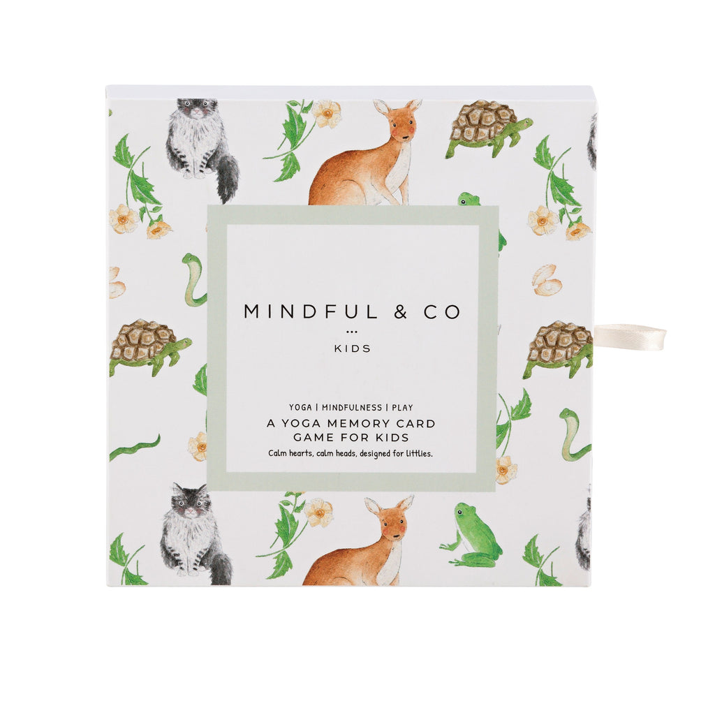 Image of the Mindful & Co Kids Yoga Memory Game. Game is packaged in a square white box and features beautiful hand-drawn illustrations of animals.