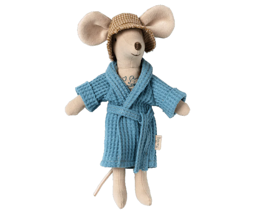 Dad mouse wearing dusty blue cotton bathrobe.
